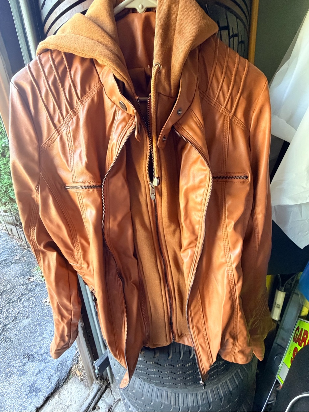 H&M Men's Tan/Brown Leather Bomber Jacket with Hooded Insert